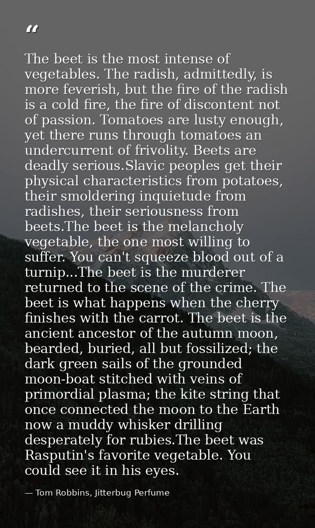The beet is the most intense of vegetables. The radish, admittedly, is more feverish, but the fire of the radish is a co — Tom Robbins, Jitterbug Perfume