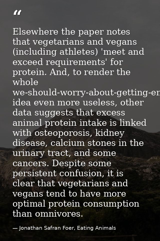 Elsewhere the paper notes that vegetarians and vegans (including athletes) 'meet and exceed requirements' for protein. A — Jonathan Safran Foer, Eating Animals