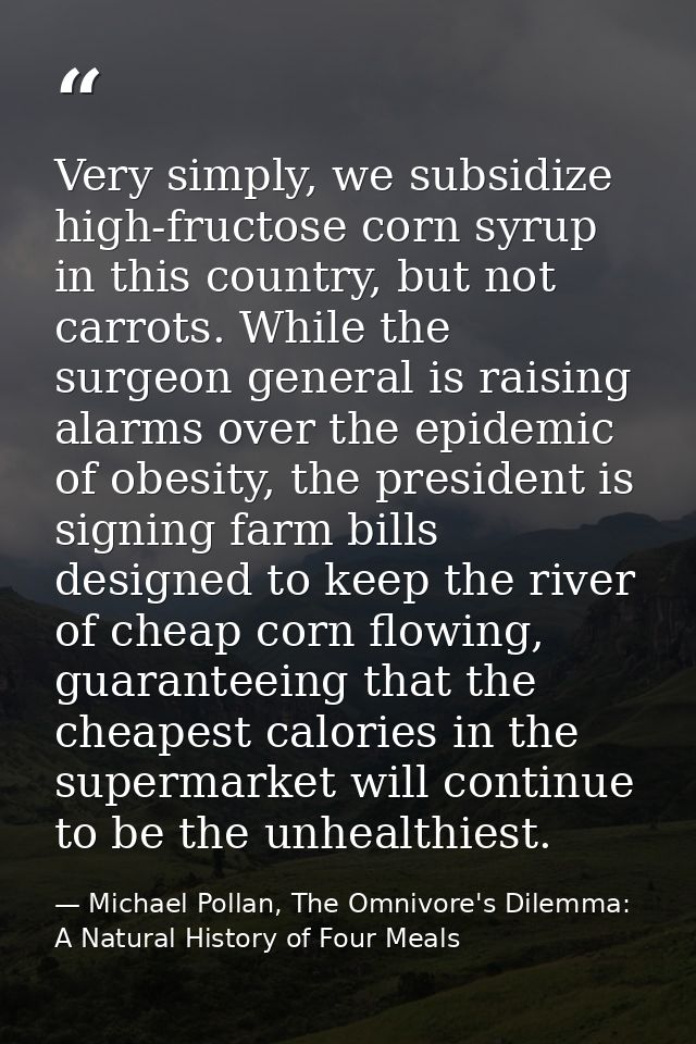 Very simply, we subsidize high-fructose corn syrup in this country, but not carrots. While the surgeon general is raisin — Michael Pollan, The Omnivore's Dilemma: A Natural History of Four Meals