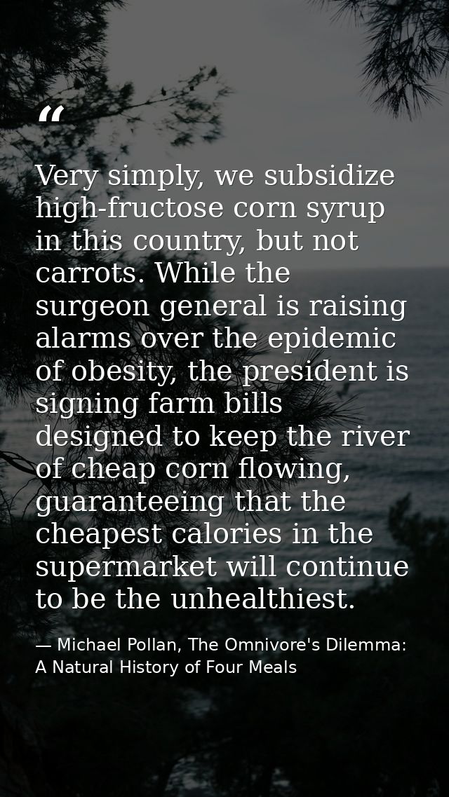 Very simply, we subsidize high-fructose corn syrup in this country, but not carrots. While the surgeon general is raisin — Michael Pollan, The Omnivore's Dilemma: A Natural History of Four Meals