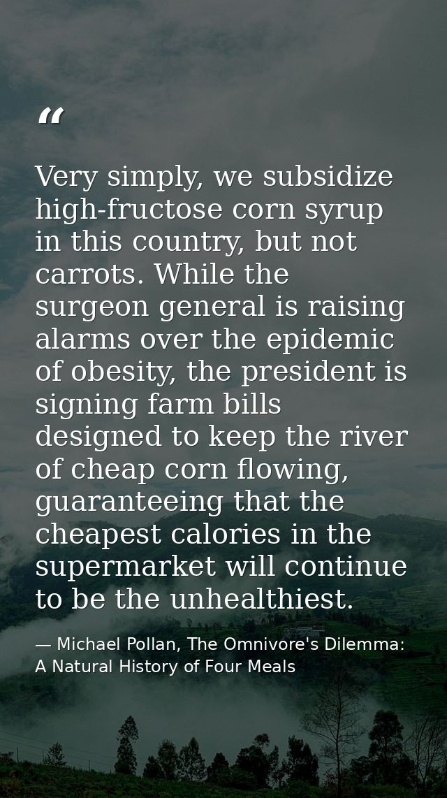 Very simply, we subsidize high-fructose corn syrup in this country, but not carrots. While the surgeon general is raisin — Michael Pollan, The Omnivore's Dilemma: A Natural History of Four Meals