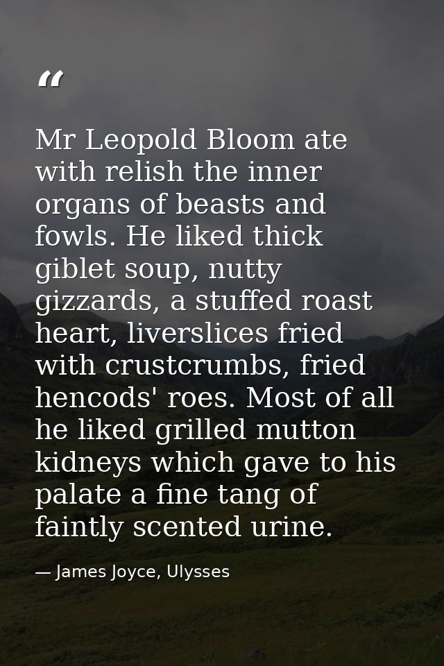 Mr Leopold Bloom ate with relish the inner organs of beasts and fowls. He liked thick giblet soup, nutty gizzards, a stu — James Joyce, Ulysses