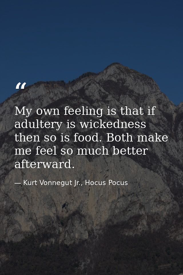 My own feeling is that if adultery is wickedness then so is food. Both make me feel so much better afterward. — Kurt Vonnegut Jr., Hocus Pocus