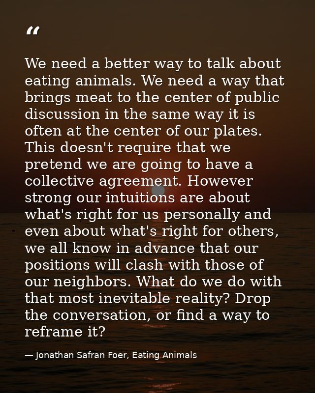 We need a better way to talk about eating animals. We need a way that brings meat to the center of public discussion in  — Jonathan Safran Foer, Eating Animals