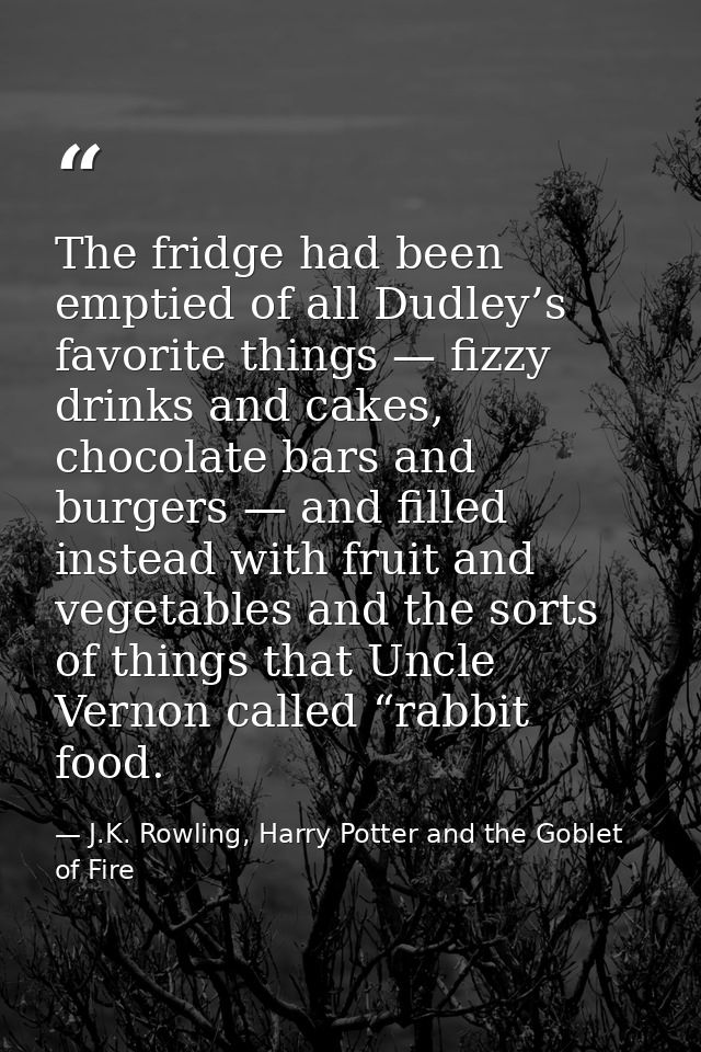 The fridge had been emptied of all Dudley’s favorite things — fizzy drinks and cakes, chocolate bars and burgers — and f — J.K. Rowling, Harry Potter and the Goblet of Fire