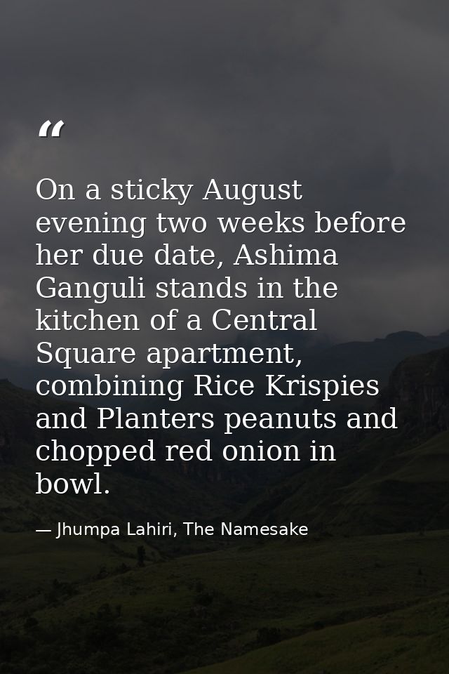 On a sticky August evening two weeks before her due date, Ashima Ganguli stands in the kitchen of a Central Square apart — Jhumpa Lahiri, The Namesake
