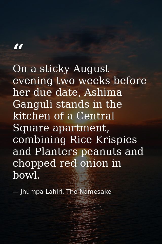 On a sticky August evening two weeks before her due date, Ashima Ganguli stands in the kitchen of a Central Square apart — Jhumpa Lahiri, The Namesake