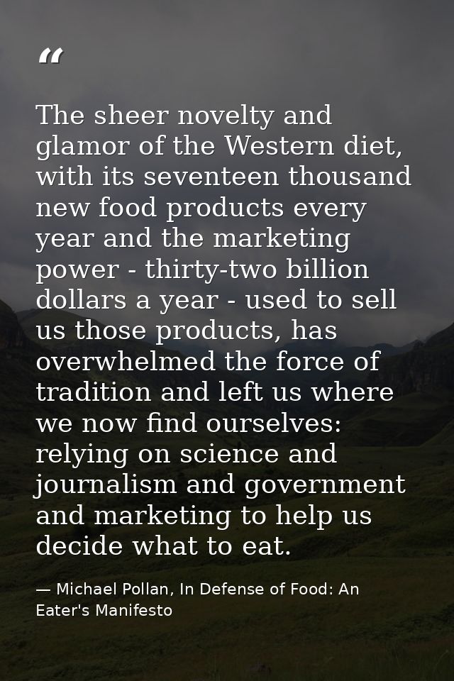 The sheer novelty and glamor of the Western diet, with its seventeen thousand new food products every year and the marke — Michael Pollan, In Defense of Food: An Eater's Manifesto