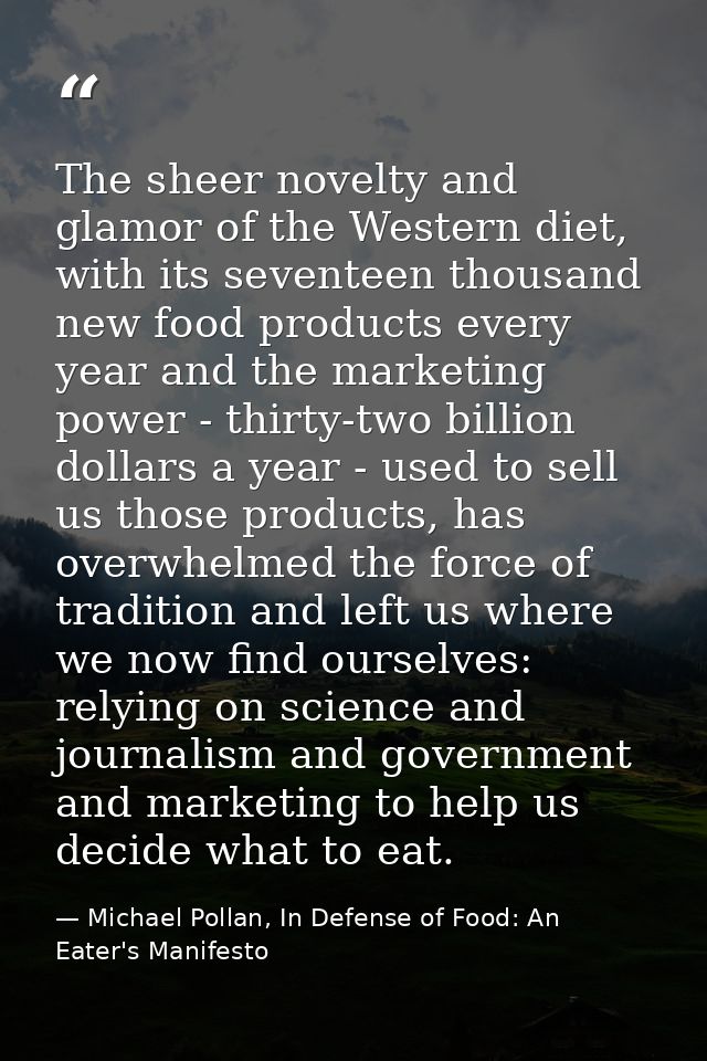 The sheer novelty and glamor of the Western diet, with its seventeen thousand new food products every year and the marke — Michael Pollan, In Defense of Food: An Eater's Manifesto