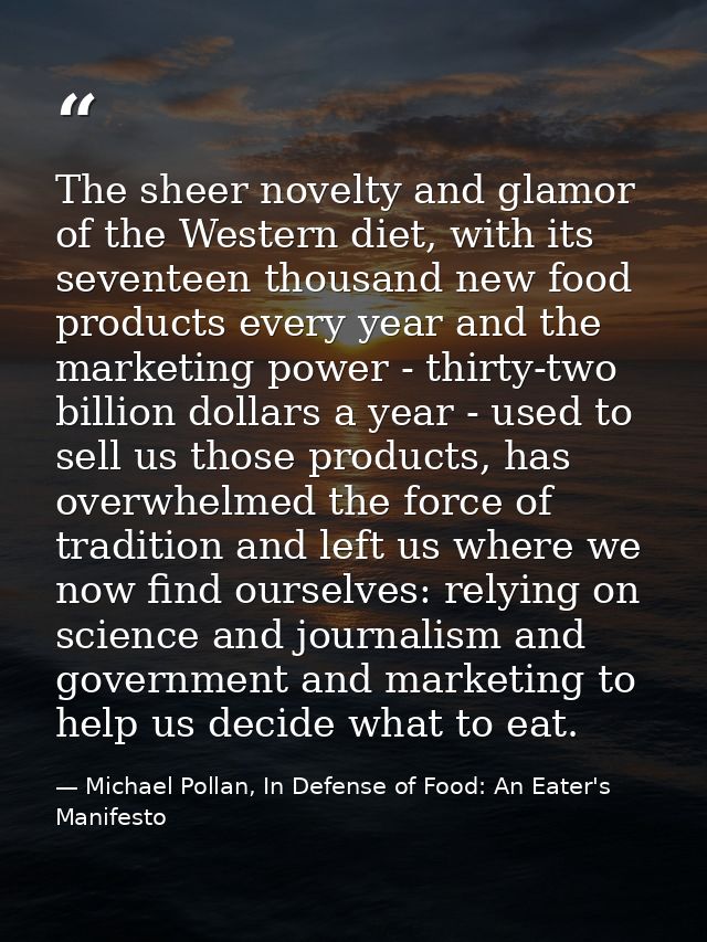 The sheer novelty and glamor of the Western diet, with its seventeen thousand new food products every year and the marke — Michael Pollan, In Defense of Food: An Eater's Manifesto