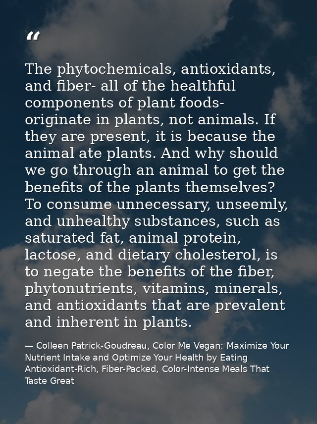 The phytochemicals, antioxidants, and fiber- all of the healthful components of plant foods- originate in plants, not an — Colleen Patrick-Goudreau, Color Me Vegan: Maximize Your Nutrient Intake and Optimize Your Health by Eating Antioxidant-Rich, Fiber-Packed, Color-Intense Meals That Taste Great