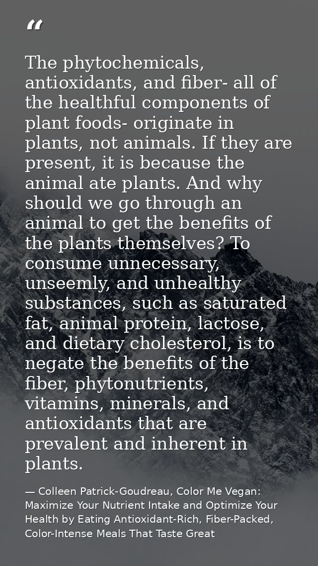 The phytochemicals, antioxidants, and fiber- all of the healthful components of plant foods- originate in plants, not an — Colleen Patrick-Goudreau, Color Me Vegan: Maximize Your Nutrient Intake and Optimize Your Health by Eating Antioxidant-Rich, Fiber-Packed, Color-Intense Meals That Taste Great