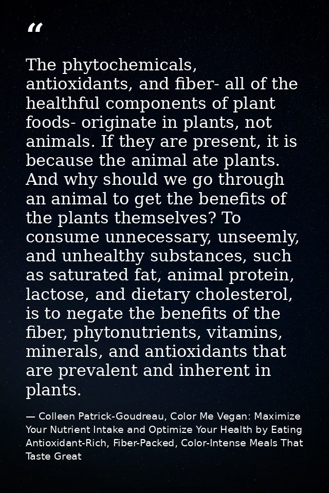 The phytochemicals, antioxidants, and fiber- all of the healthful components of plant foods- originate in plants, not an — Colleen Patrick-Goudreau, Color Me Vegan: Maximize Your Nutrient Intake and Optimize Your Health by Eating Antioxidant-Rich, Fiber-Packed, Color-Intense Meals That Taste Great