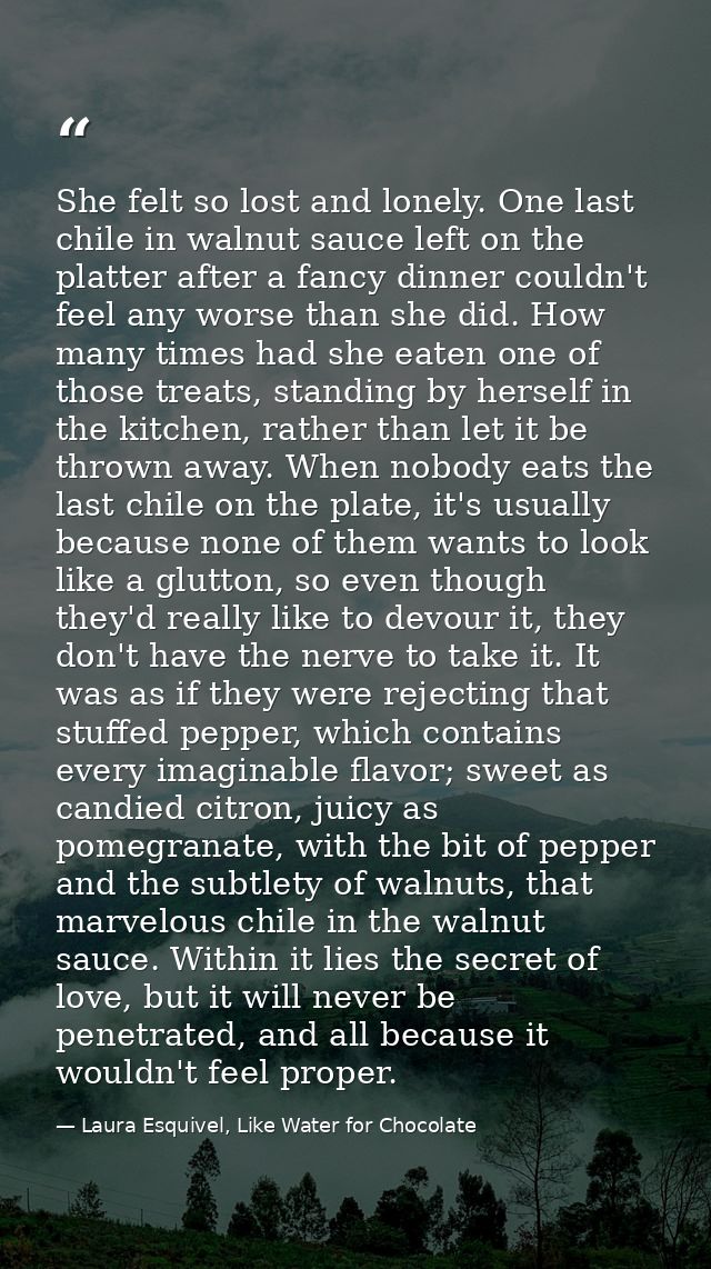 She felt so lost and lonely. One last chile in walnut sauce left on the platter after a fancy dinner couldn't feel any w — Laura Esquivel, Like Water for Chocolate
