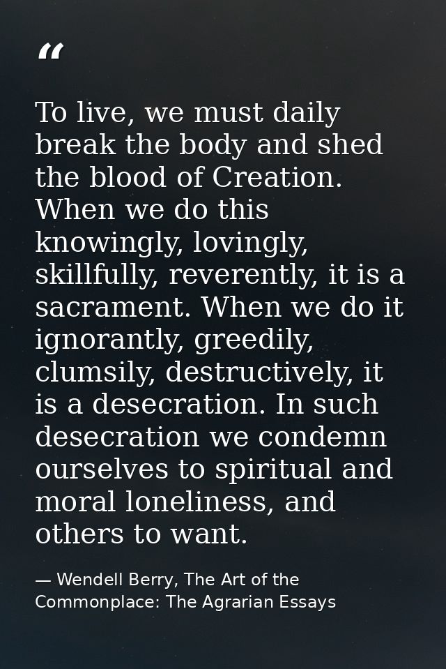 To live, we must daily break the body and shed the blood of Creation. When we do this knowingly, lovingly, skillfully, r — Wendell Berry, The Art of the Commonplace: The Agrarian Essays