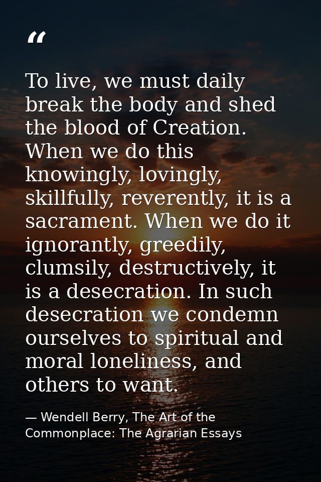 To live, we must daily break the body and shed the blood of Creation. When we do this knowingly, lovingly, skillfully, r — Wendell Berry, The Art of the Commonplace: The Agrarian Essays