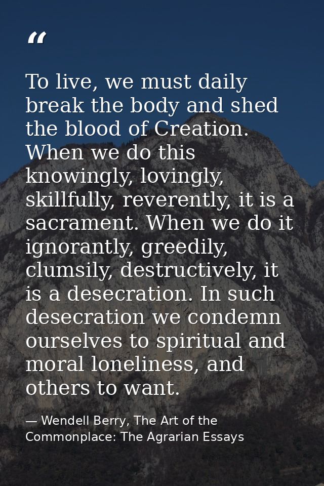 To live, we must daily break the body and shed the blood of Creation. When we do this knowingly, lovingly, skillfully, r — Wendell Berry, The Art of the Commonplace: The Agrarian Essays