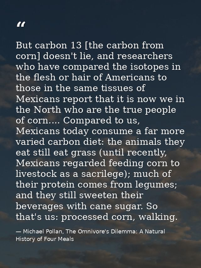 But carbon 13 [the carbon from corn] doesn't lie, and researchers who have compared the isotopes in the flesh or hair of — Michael Pollan, The Omnivore's Dilemma: A Natural History of Four Meals