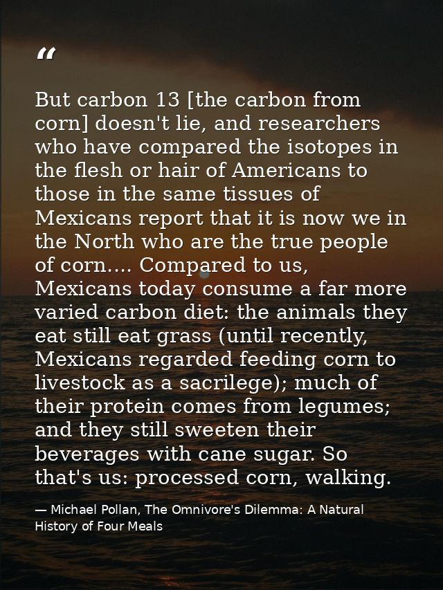 But carbon 13 [the carbon from corn] doesn't lie, and researchers who have compared the isotopes in the flesh or hair of — Michael Pollan, The Omnivore's Dilemma: A Natural History of Four Meals