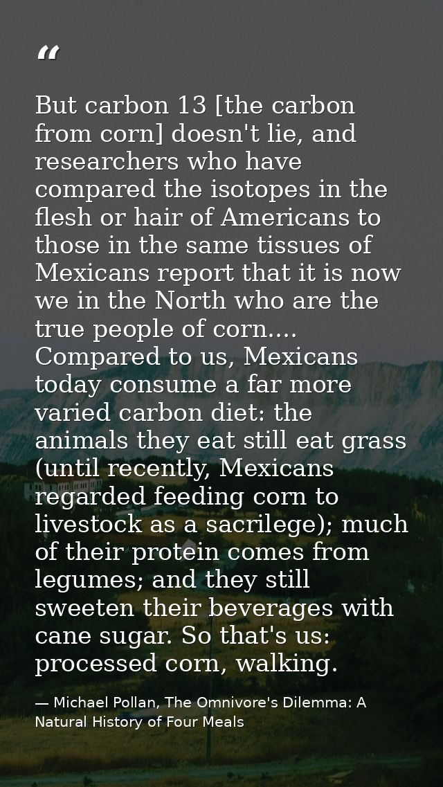 But carbon 13 [the carbon from corn] doesn't lie, and researchers who have compared the isotopes in the flesh or hair of — Michael Pollan, The Omnivore's Dilemma: A Natural History of Four Meals