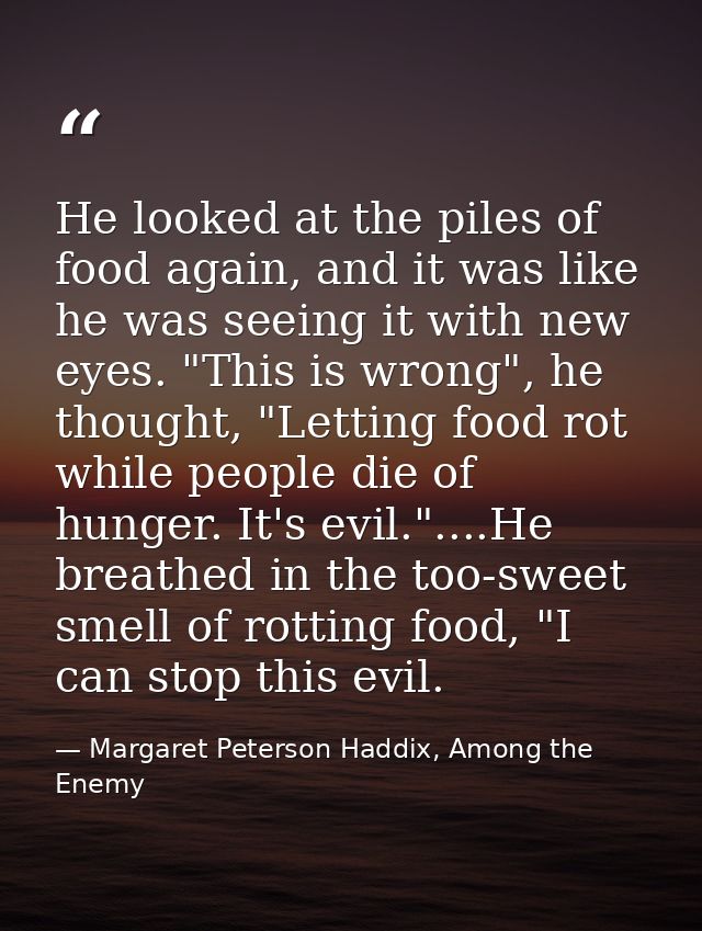 He looked at the piles of food again, and it was like he was seeing it with new eyes. "This is wrong", he thought, "Lett — Margaret Peterson Haddix, Among the Enemy