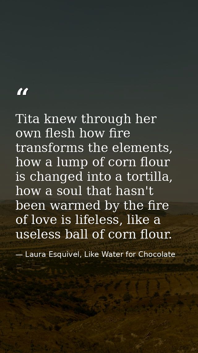 Tita knew through her own flesh how fire transforms the elements, how a lump of corn flour is changed into a tortilla, h — Laura Esquivel, Like Water for Chocolate