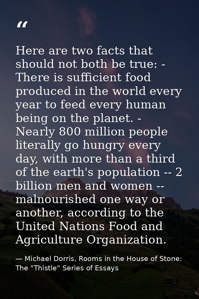 Here are two facts that should not both be true: - There is sufficient food produced in the world every year to feed eve — Michael Dorris, Rooms in the House of Stone: The "Thistle" Series of Essays