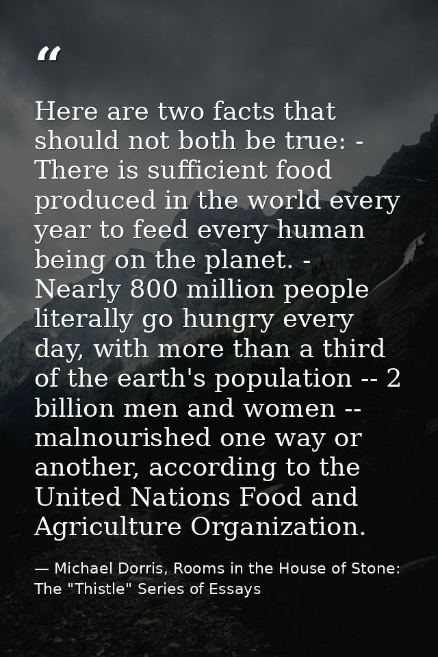 Here are two facts that should not both be true: - There is sufficient food produced in the world every year to feed eve — Michael Dorris, Rooms in the House of Stone: The "Thistle" Series of Essays