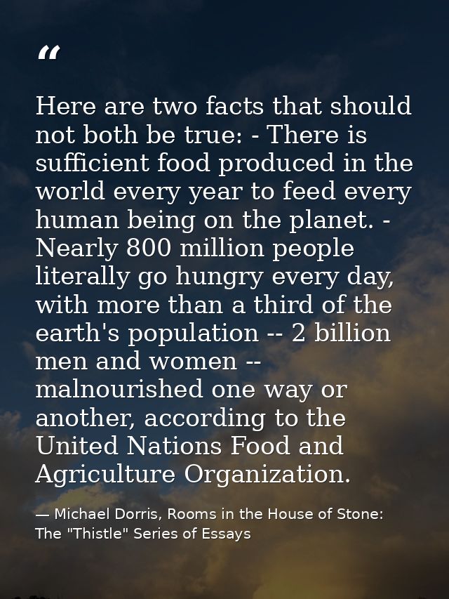 Here are two facts that should not both be true: - There is sufficient food produced in the world every year to feed eve — Michael Dorris, Rooms in the House of Stone: The "Thistle" Series of Essays