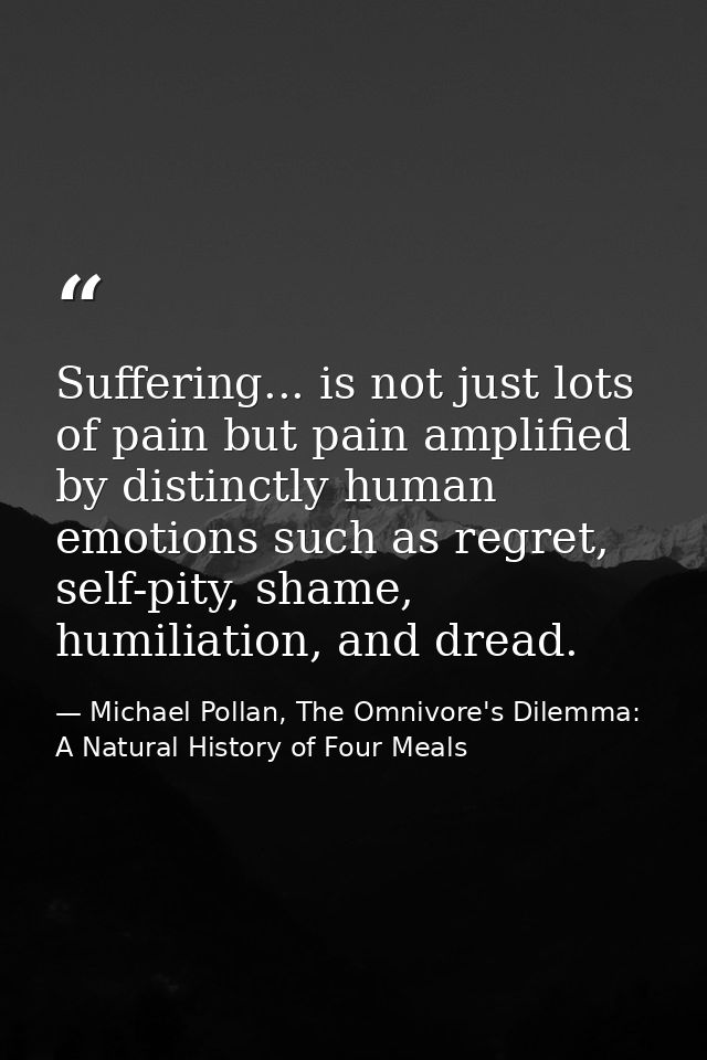 Suffering... is not just lots of pain but pain amplified by distinctly human emotions such as regret, self-pity, shame,  — Michael Pollan, The Omnivore's Dilemma: A Natural History of Four Meals