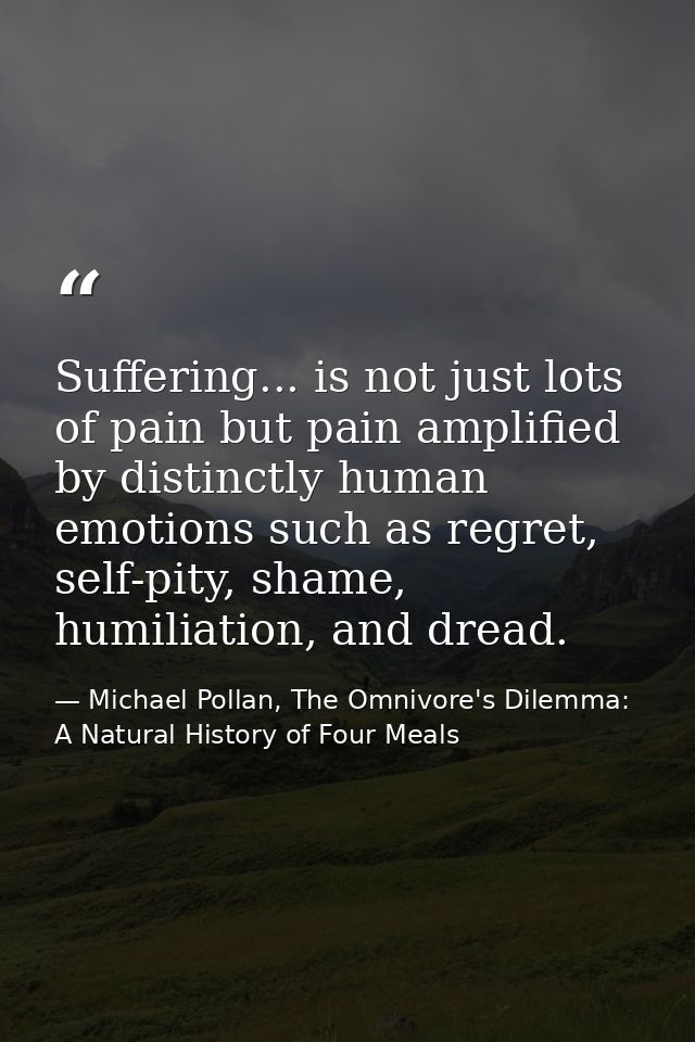 Suffering... is not just lots of pain but pain amplified by distinctly human emotions such as regret, self-pity, shame,  — Michael Pollan, The Omnivore's Dilemma: A Natural History of Four Meals