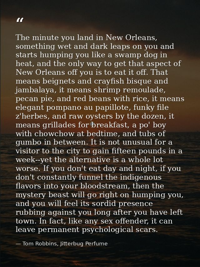 The minute you land in New Orleans, something wet and dark leaps on you and starts humping you like a swamp dog in heat, — Tom Robbins, Jitterbug Perfume