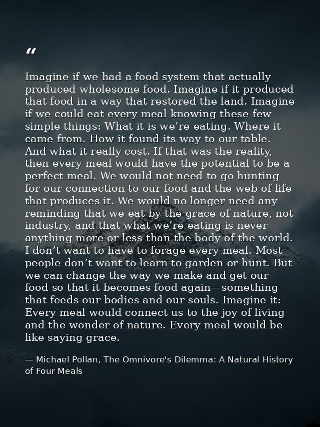 Imagine if we had a food system that actually produced wholesome food. Imagine if it produced that food in a way that re — Michael Pollan, The Omnivore's Dilemma: A Natural History of Four Meals