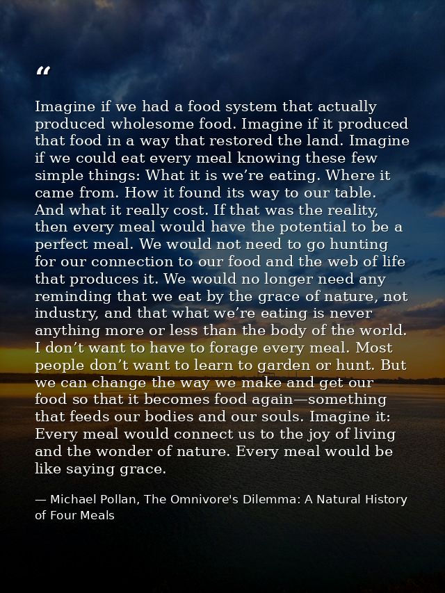 Imagine if we had a food system that actually produced wholesome food. Imagine if it produced that food in a way that re — Michael Pollan, The Omnivore's Dilemma: A Natural History of Four Meals