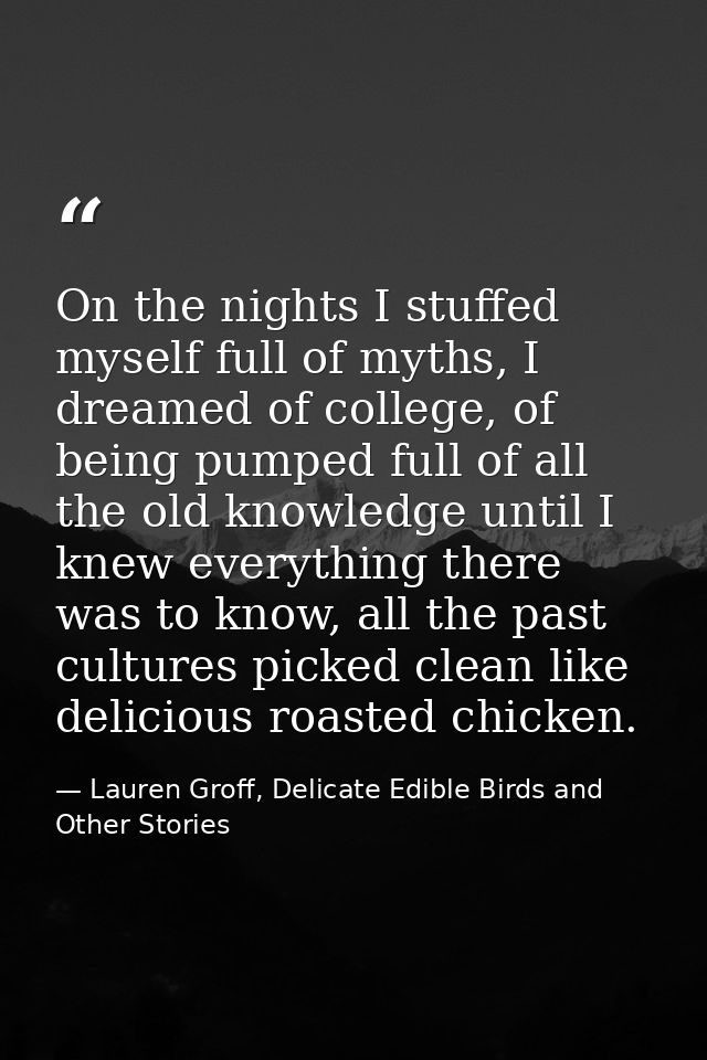 On the nights I stuffed myself full of myths, I dreamed of college, of being pumped full of all the old knowledge until  — Lauren Groff, Delicate Edible Birds and Other Stories