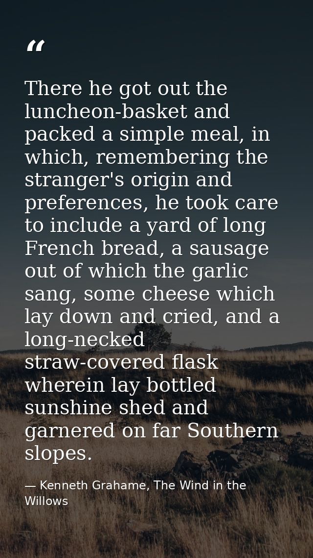 There he got out the luncheon-basket and packed a simple meal, in which, remembering the stranger's origin and preferenc — Kenneth Grahame, The Wind in the Willows