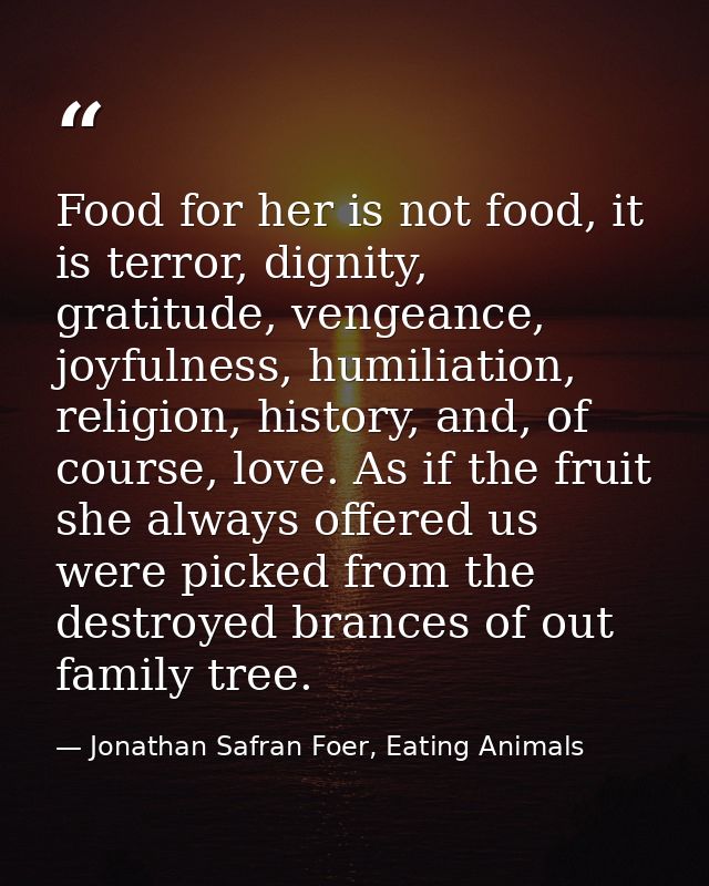 Food for her is not food, it is terror, dignity, gratitude, vengeance, joyfulness, humiliation, religion, history, and,  — Jonathan Safran Foer, Eating Animals