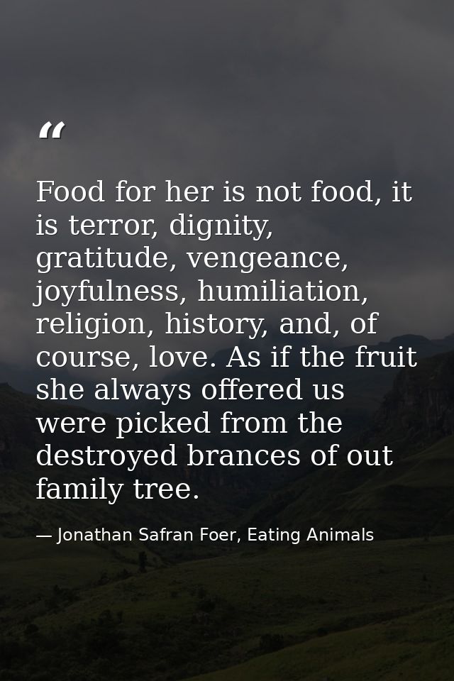 Food for her is not food, it is terror, dignity, gratitude, vengeance, joyfulness, humiliation, religion, history, and,  — Jonathan Safran Foer, Eating Animals