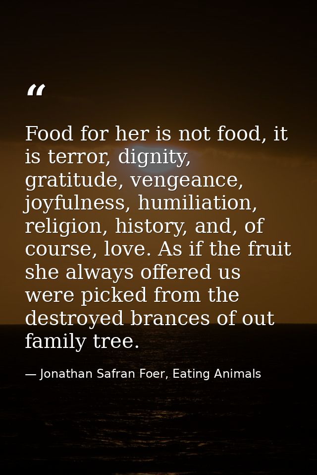 Food for her is not food, it is terror, dignity, gratitude, vengeance, joyfulness, humiliation, religion, history, and,  — Jonathan Safran Foer, Eating Animals