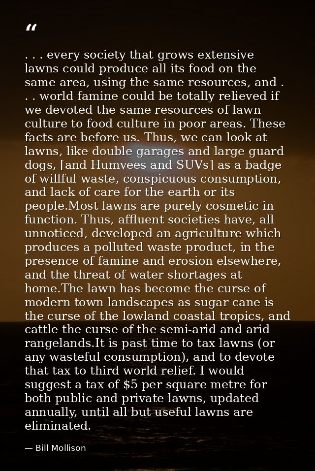 . . . every society that grows extensive lawns could produce all its food on the same area, using the same resources, an — Bill Mollison