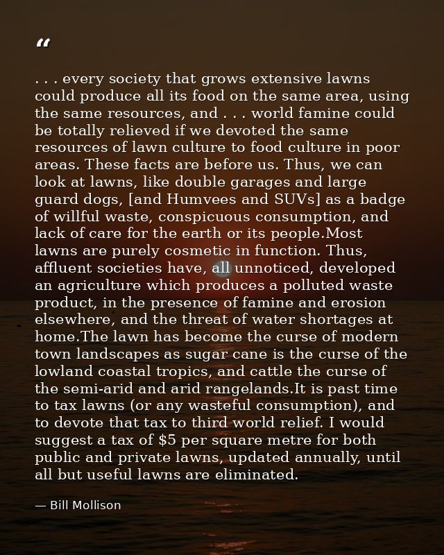 . . . every society that grows extensive lawns could produce all its food on the same area, using the same resources, an — Bill Mollison