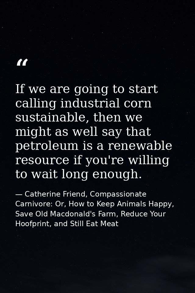 If we are going to start calling industrial corn sustainable, then we might as well say that petroleum is a renewable re — Catherine Friend, Compassionate Carnivore: Or, How to Keep Animals Happy, Save Old Macdonald's Farm, Reduce Your Hoofprint, and Still Eat Meat