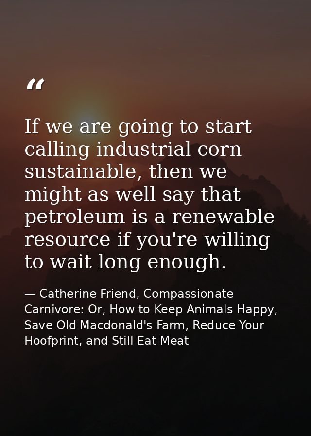 If we are going to start calling industrial corn sustainable, then we might as well say that petroleum is a renewable re — Catherine Friend, Compassionate Carnivore: Or, How to Keep Animals Happy, Save Old Macdonald's Farm, Reduce Your Hoofprint, and Still Eat Meat