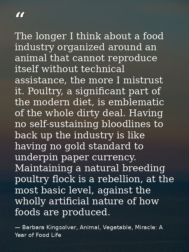 The longer I think about a food industry organized around an animal that cannot reproduce itself without technical assis — Barbara Kingsolver, Animal, Vegetable, Miracle: A Year of Food Life