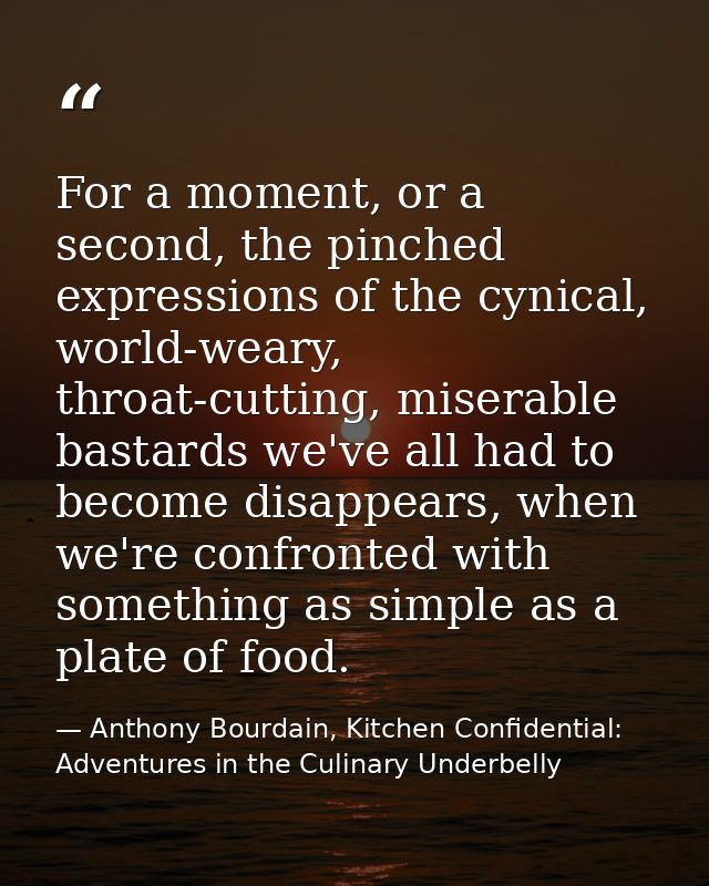For a moment, or a second, the pinched expressions of the cynical, world-weary, throat-cutting, miserable bastards we've — Anthony Bourdain, Kitchen Confidential: Adventures in the Culinary Underbelly