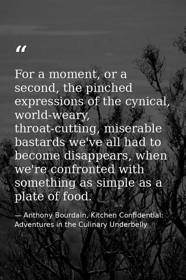 For a moment, or a second, the pinched expressions of the cynical, world-weary, throat-cutting, miserable bastards we've — Anthony Bourdain, Kitchen Confidential: Adventures in the Culinary Underbelly