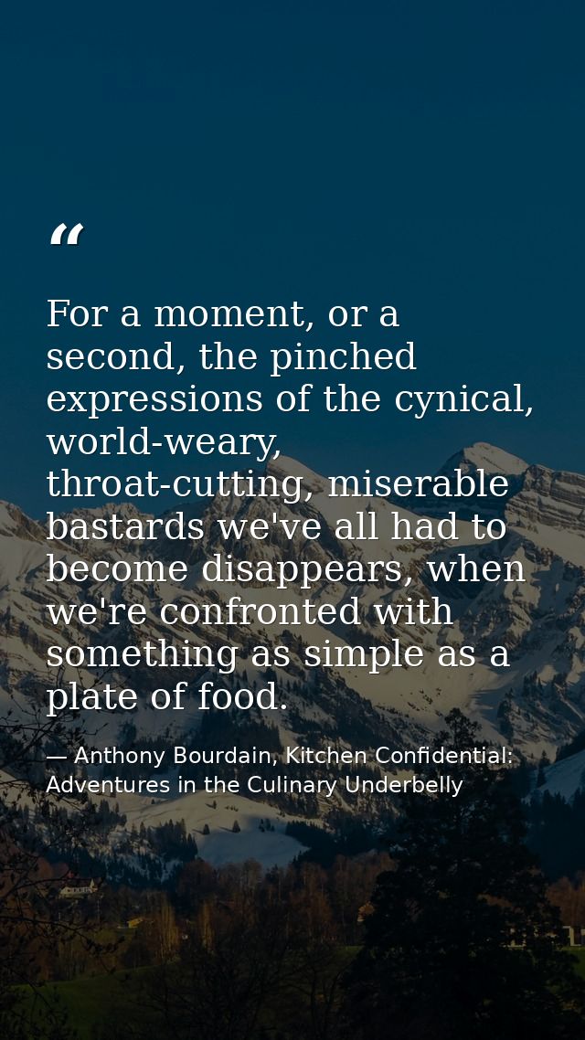 For a moment, or a second, the pinched expressions of the cynical, world-weary, throat-cutting, miserable bastards we've — Anthony Bourdain, Kitchen Confidential: Adventures in the Culinary Underbelly
