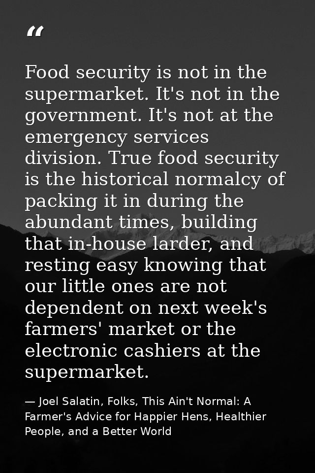Food security is not in the supermarket. It's not in the government. It's not at the emergency services division. True f — Joel Salatin, Folks, This Ain't Normal: A Farmer's Advice for Happier Hens, Healthier People, and a Better World
