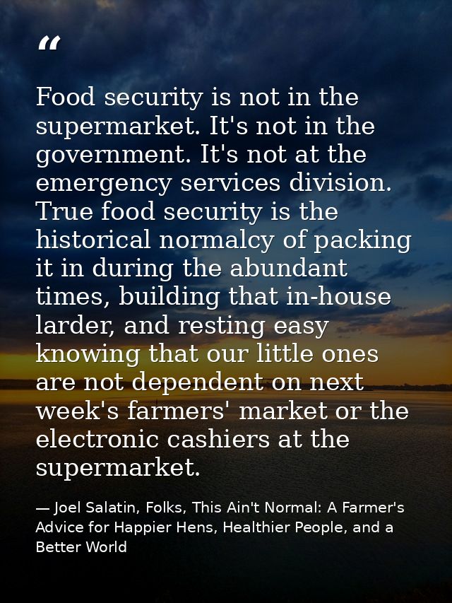 Food security is not in the supermarket. It's not in the government. It's not at the emergency services division. True f — Joel Salatin, Folks, This Ain't Normal: A Farmer's Advice for Happier Hens, Healthier People, and a Better World