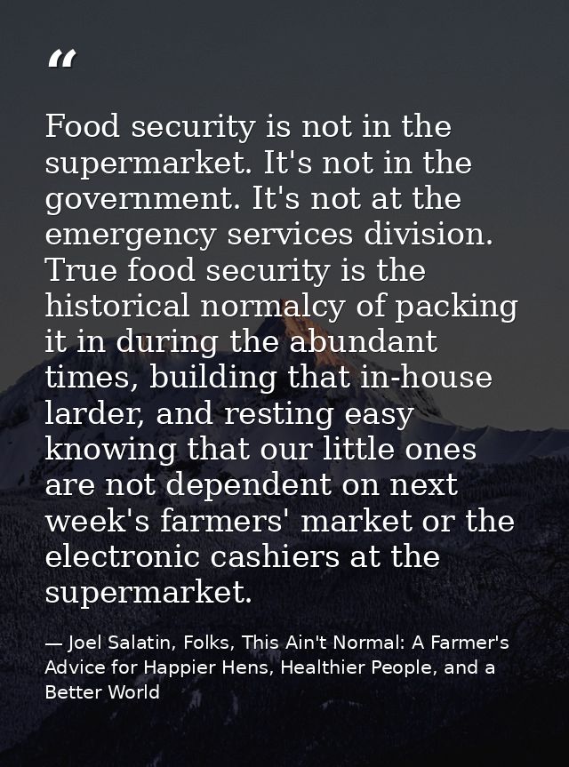 Food security is not in the supermarket. It's not in the government. It's not at the emergency services division. True f — Joel Salatin, Folks, This Ain't Normal: A Farmer's Advice for Happier Hens, Healthier People, and a Better World